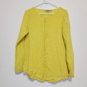 Flax Yellow Button Down Linen Blouse Women's Size Small